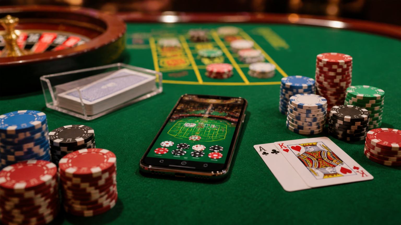 Casino chips and smartphone showing online betting Singapore