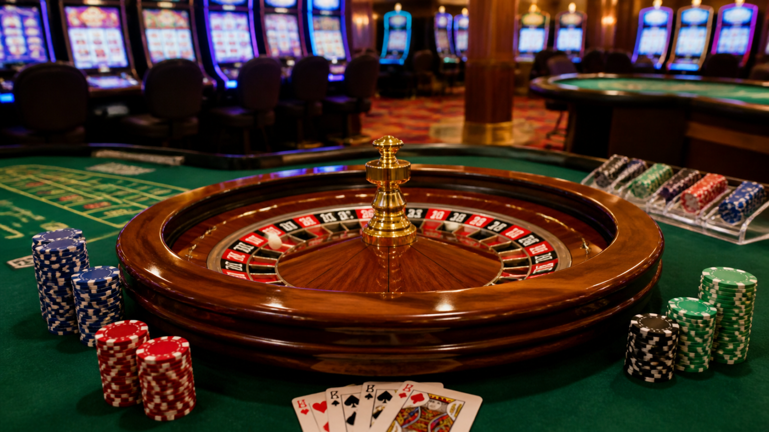 Tavolo da roulette e carte in un ambiente da casino