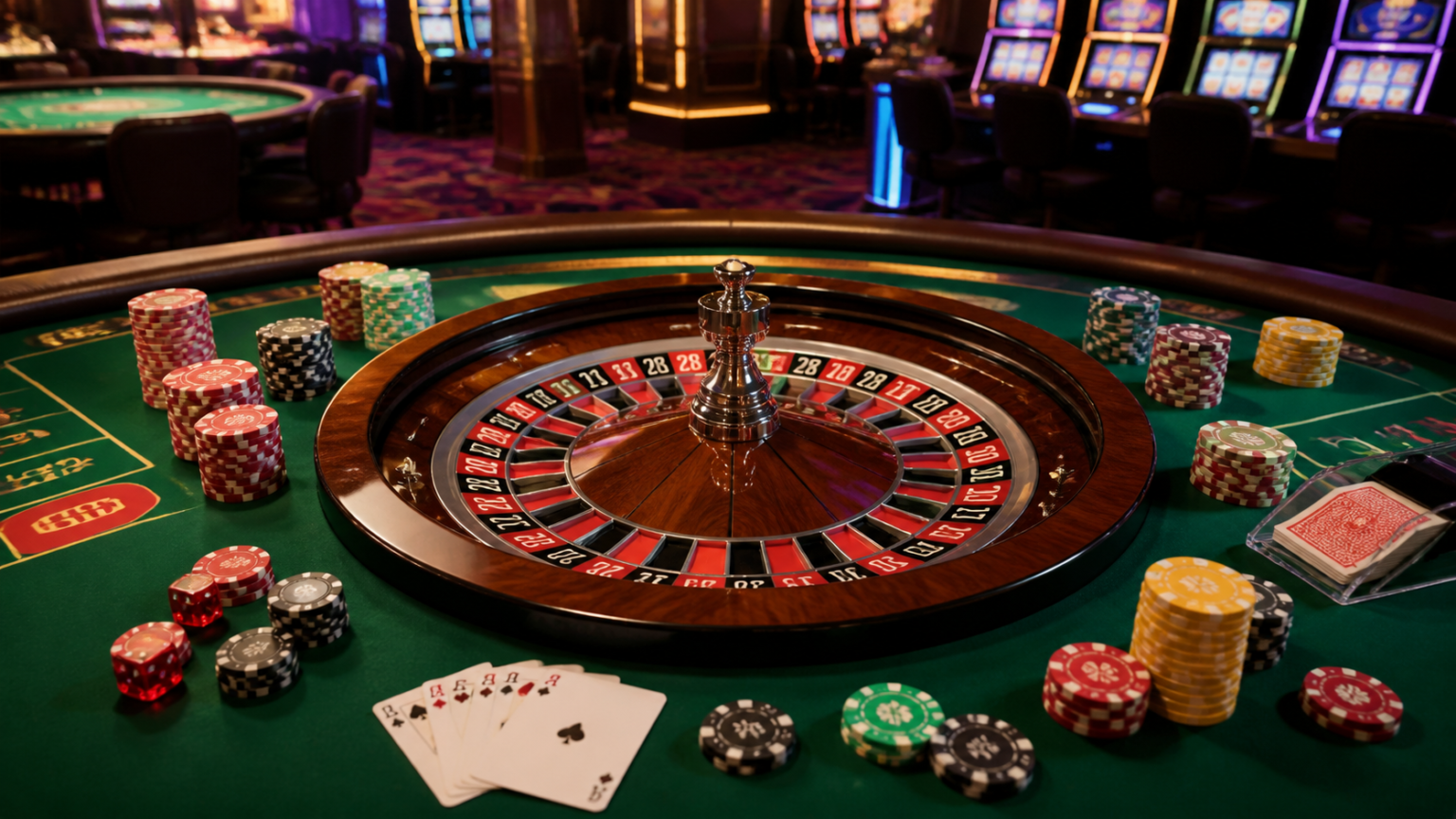 Tavolo da roulette con fiches e carte in un casinò