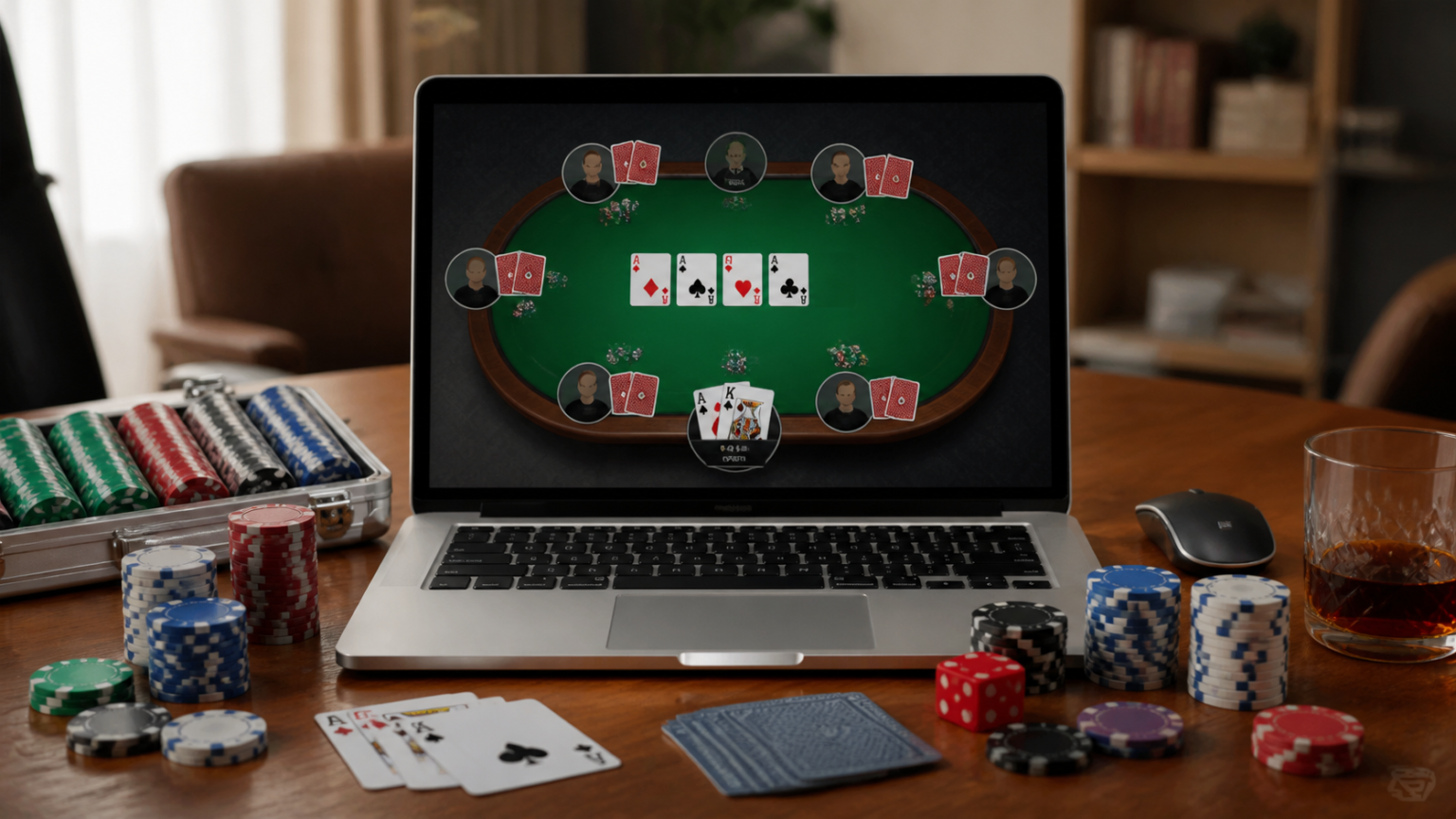 Understanding เกมโป๊กเกอร์ออนไลน์: A Practical Guide Poker table with cards, chips, and a laptop showing online poker