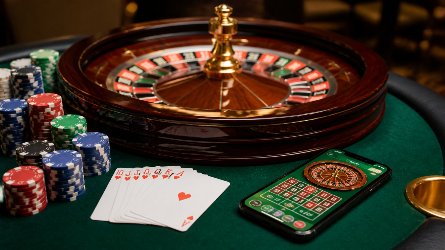 Game variety and usability: online casino Singapore Casino roulette table with cards and a smartphone showing an online casino