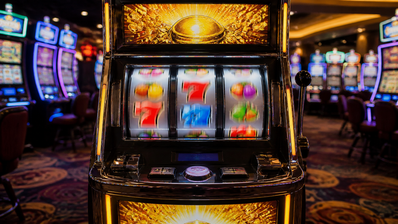 Máy trò chơi casino với các cuộn biểu tượng và bảng thưởng sáng rõ