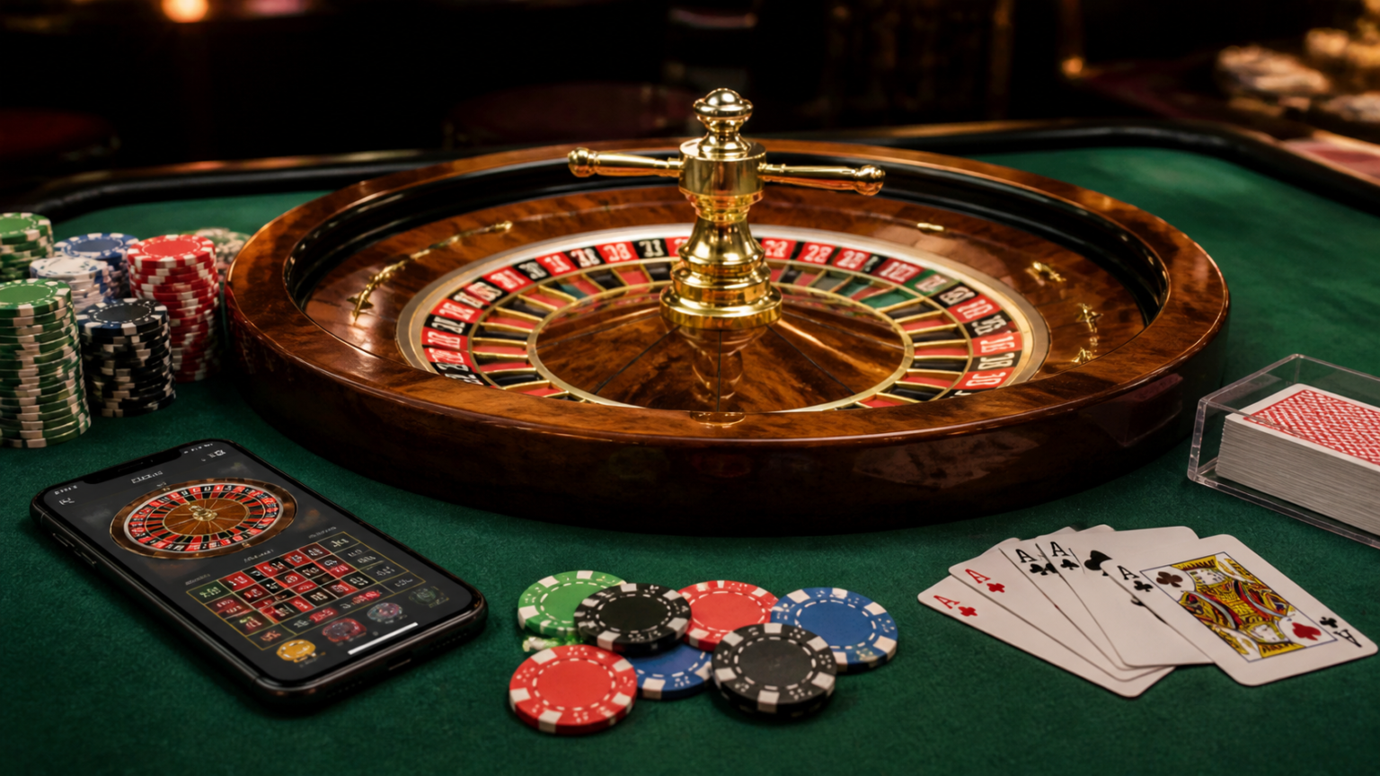 Casino table with chips and a smartphone showing an online casino