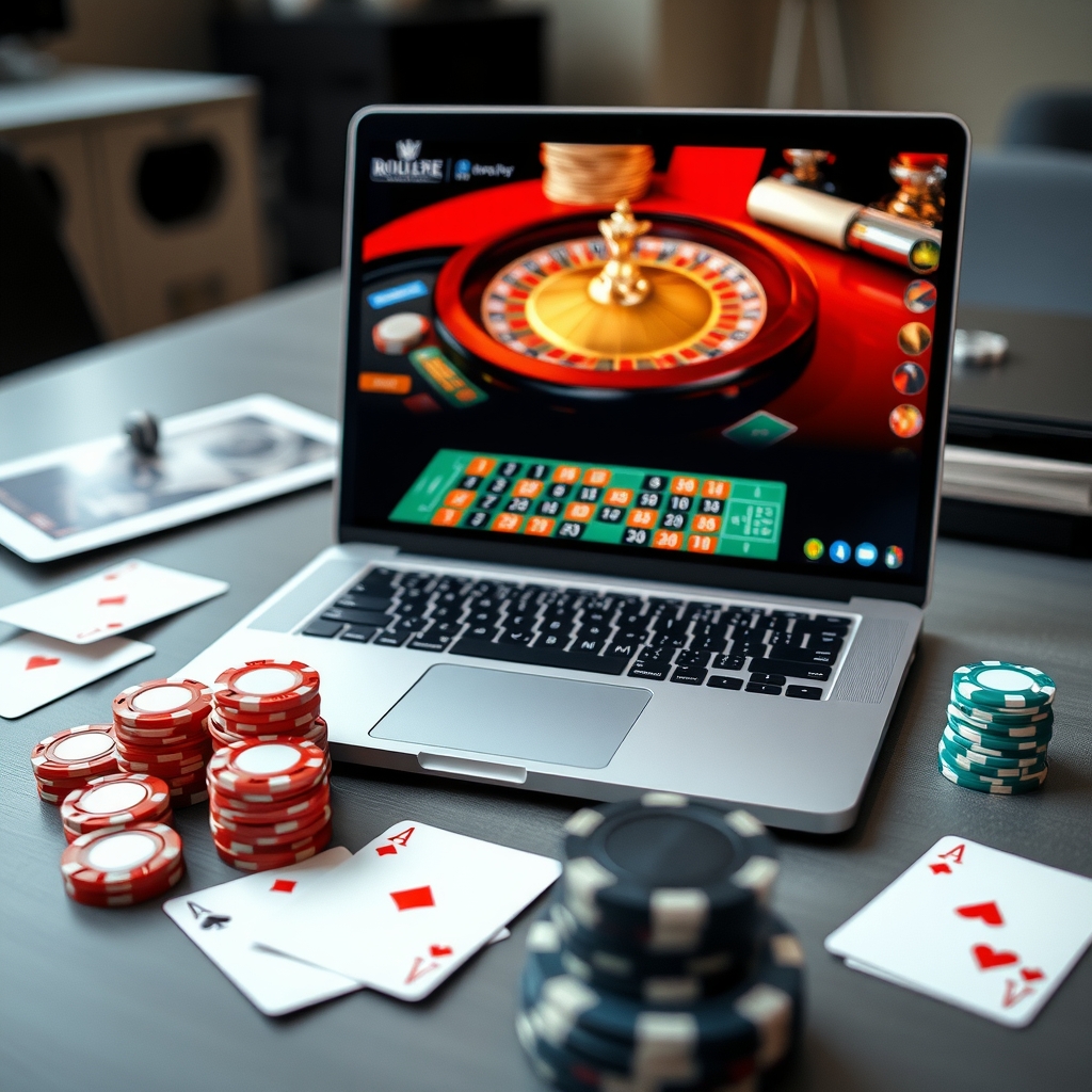 ブックメーカー サッカー|日本で人気のベット種類を解説 Laptop displaying an online casino roulette game beside playing cards and casino chips