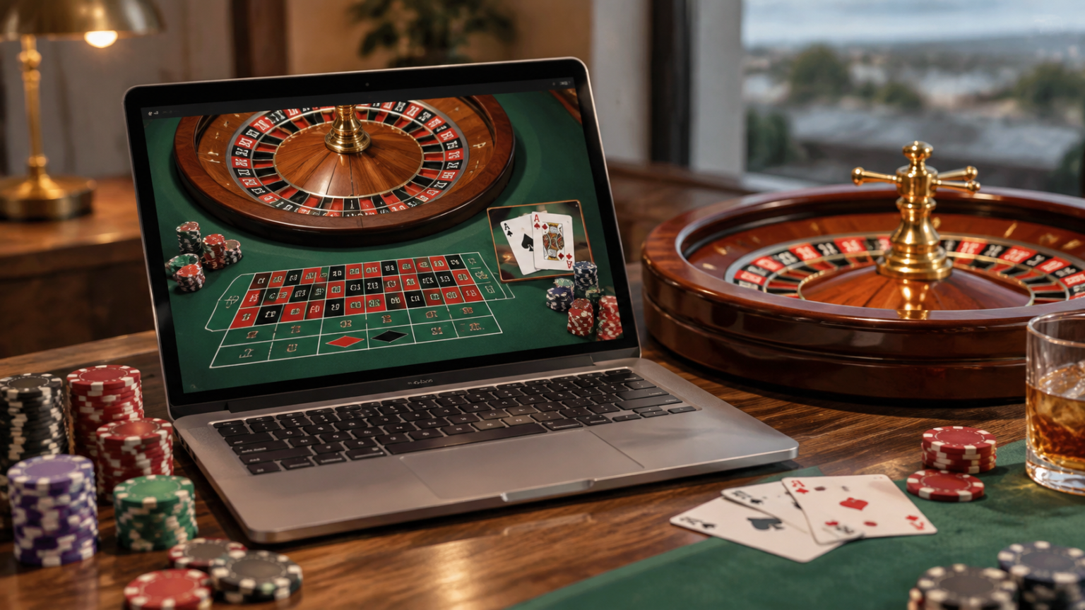 Hướng Dẫn Xử Lý Các Lỗi Đăng Nhập Thường Gặp Khi Dùng Baccarat Online Laptop showing online casino roulette and card games beside a roulette wheel and casino chips
