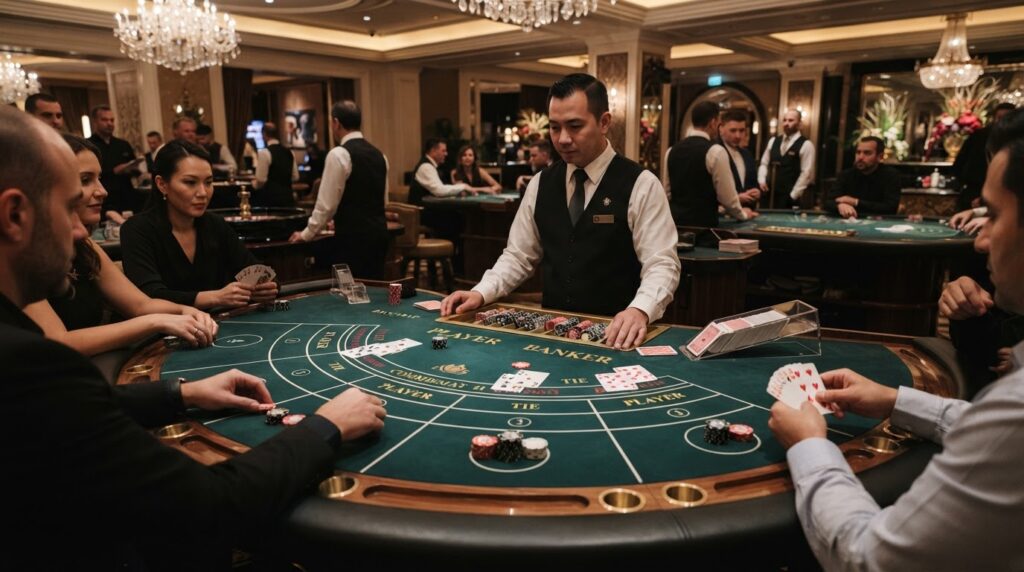Trải Nghiệm Baccarat Trực Tuyến: Quy Tắc Và Chiến Thuật Bàn chơi baccarat trực tuyến với bài tây và chips cược chuyên nghiệp