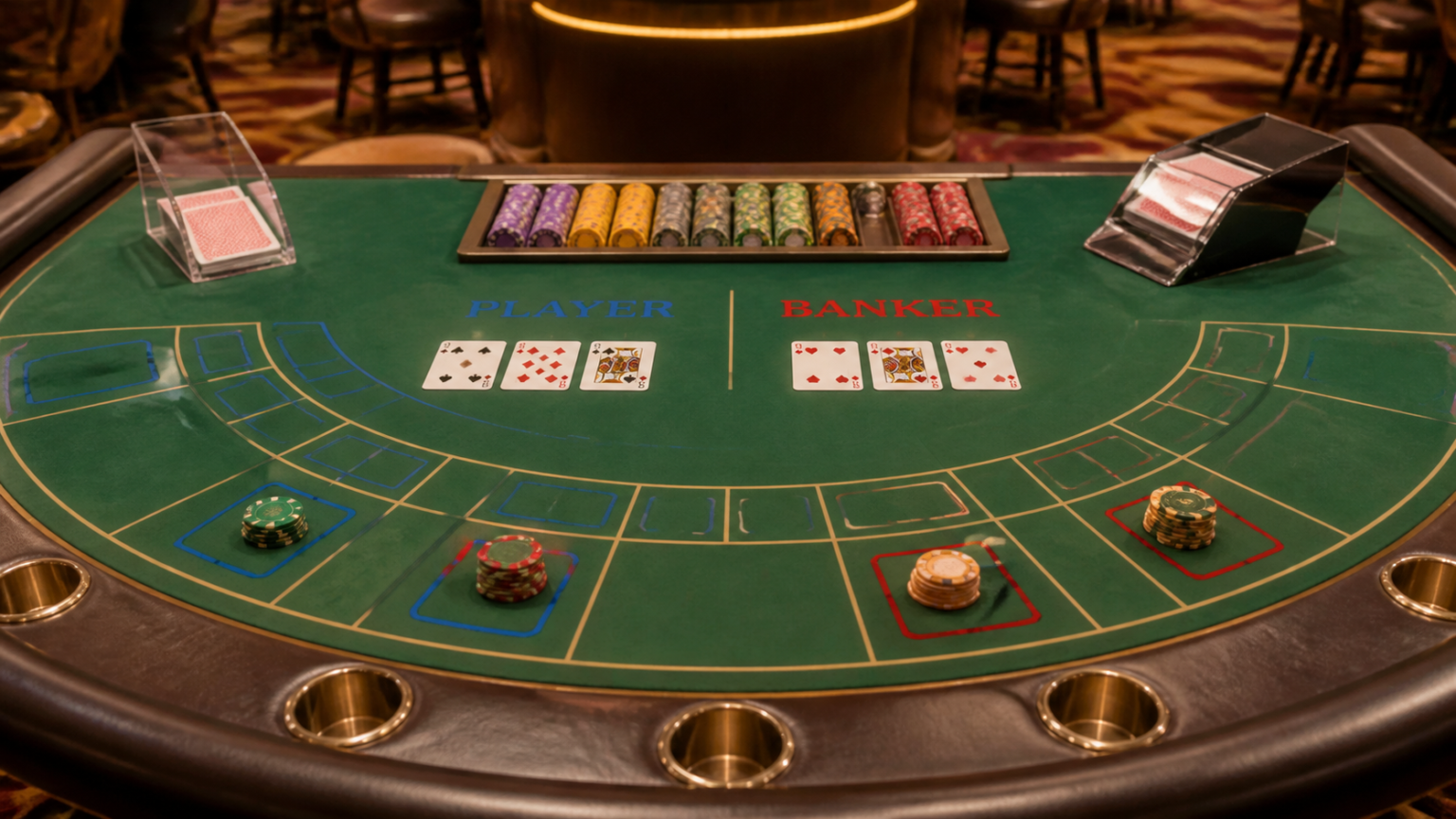 trang đánh baccarat: Cách tìm hiểu và chơi có trách nhiệm Bàn baccarat với bài, chip và các cửa cược Player, Banker